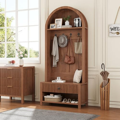 70.86-inch Entryway Hall Tree, Farmhouse-Style Wooden Coat Rack Freestanding, Entryway Organizer with Four Hooks, Standing Shoe Rack with Bench for Hallways, Foyers, and Living Rooms, Walnut - color: Walnut