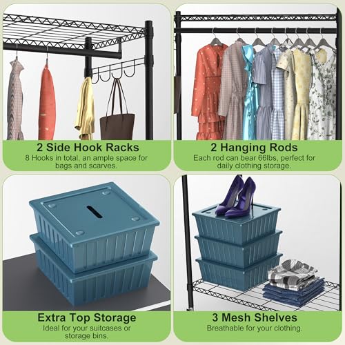 2 Tier Rolling Garment Racks with Cover, 35.43'' x 17.13'' x 72.44'' Portable Wardrobe Closet Covered Clothing Rack with Wheels Hooks for Bedroom Laundry Living Room - size: 35.43"D x 17.13"W x 72.44"H