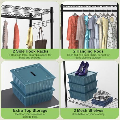 2 Tier Rolling Garment Racks with Cover, 35.43'' x 17.13'' x 72.44'' Portable Wardrobe Closet Covered Clothing Rack with Wheels Hooks for Bedroom Laundry Living Room - size: 35.43"D x 17.13"W x 72.44"H