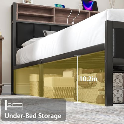 VECELO Farmhouse Metal Bed Frame Twin Size with Wooden Headboard & Footboard, Solid Platform Mattress Foundation with Storage, LED Light, Charging Station, USB Ports, Noise-Free, Easy Assembly, Black - size: Twin