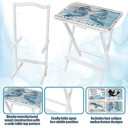 Sintuff Coastal Beach TV Trays Set of 4 with Stand Cape Craftsmen Mermaid Folding Wooden Decorative TV Tray Dinner Tables Farmhouse for Eating on Couch Snack Home Supplies