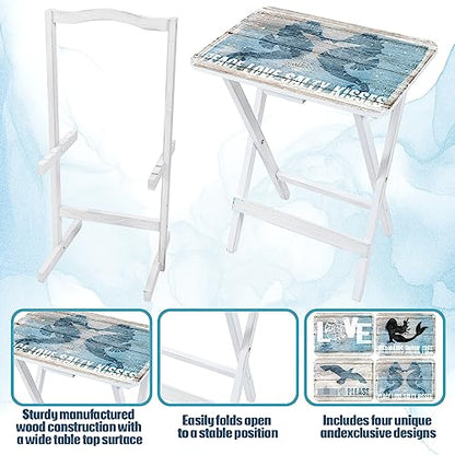 Sintuff Coastal Beach TV Trays Set of 4 with Stand Cape Craftsmen Mermaid Folding Wooden Decorative TV Tray Dinner Tables Farmhouse for Eating on Couch Snack Home Supplies