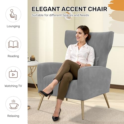 Nebuaegis Velvet Accent Chair Wingback for Living Room, High Back Arm Chair with Golden Legs Lumbar Pillow, Upholstered Single Sofa Bedroom Grey - color: Grey, size: Set of 1