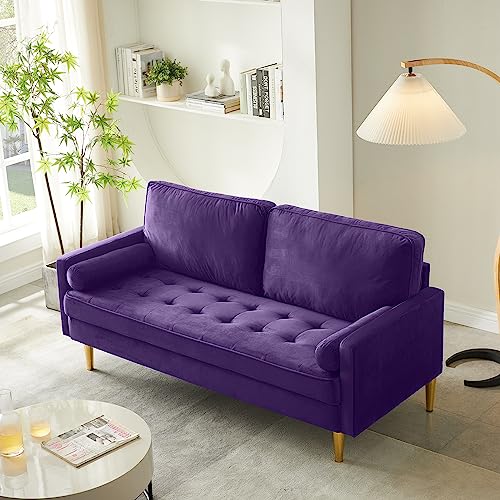 67" Mid Century Modern Loveseat Sofa, Tufted Love Seat Couch | Velvet Comfy Couch for Living Room, Gold Legs, Thick Cushions, 2 Seater Sofa 2 Pillows for Apartments, Bedrooms, Offices - color: 67"-purple