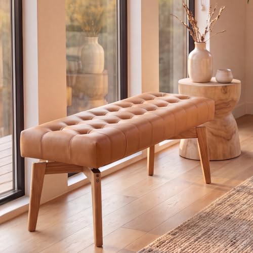 HNY Brown PU Leather Upholstered Bench,45.5 Wood Window Bench | Entryway Bench Storage Bench Bedroom Bench Modern Tufted Floating Design Seat for Living Room Indoor Hallway - color: Brown Pu