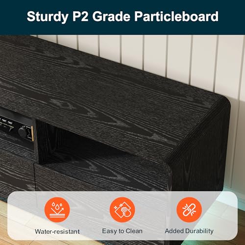RoyalCraft TV Stand for TVs Up to 65", Modern Black Entertainment Center with 3 Storage Drawers and LED Lights, Curved Wood Media TV Console for Living Room, Bedroom - color: Black