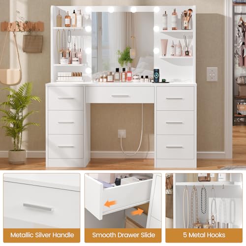 Quimoo Large Vanity Desk with LED Lighted Mirror & Power Outlet,Makeup Vanity Table with 7 Drawers,4 Shelves and 5 Hooks,Vanity Table, Vanity Desk Set for Bedroom,Bathroom,White - color: White 7 Drawers