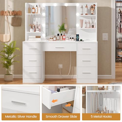 Quimoo Large Vanity Desk with LED Lighted Mirror & Power Outlet,Makeup Vanity Table with 7 Drawers,4 Shelves and 5 Hooks,Vanity Table, Vanity Desk Set for Bedroom,Bathroom,White - color: White 7 Drawers