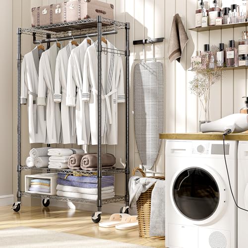 M MZG Heavy Duty Rolling Garment Rack 3 Tiers Adjustable Wire Shelving Clothes Rack with Rods and Side Hooks,Storage Closet Clothing Rack with Wheels Black 15.7" D x 29.5" W x 74.5" H - color: Black, size: 3 Tier with 1 rod, 15.7"D x 29.5"W x 74.5"H