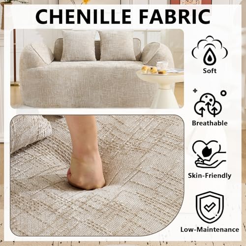 67" Curved Loveseat Sofa with 2 Pillows, Modern Boneless Couch in a Box, Small Cloud Loveseat for Bedroom Small Space Apartment Living Room, Memory Foam, Chenille, No Assembly (Light Khaki) - color: Light Khaki