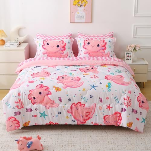 Girls Pink 7 Piece Axolotl Comforter Bedding Set for Kids Queen Size Kawaii Axolotl Bedding for Teen 3D Animals Colorful Bed Set (Comforter,Flat Sheet,Fitted Sheet and Pillow Sham - color: Axolotl, size: Queen
