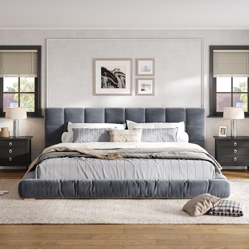 Upholstered Velvet Platform Bed Frame with Channel Tufted Headboard, Modern Low Profile Bed with Sturdy Slat Support, No Box Spring Needed (Gray) - color: Grey