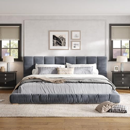 Upholstered Velvet Platform Bed Frame with Channel Tufted Headboard, Modern Low Profile Bed with Sturdy Slat Support, No Box Spring Needed (Gray) - color: Grey