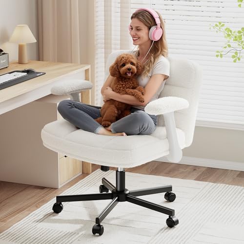 DurayLoly Criss Cross Office Chair with Flip-up Arm & Wheels | 360° Swivel,Plush Teddy Fabric Cross Legged Chair ,Adjustable Height for Home Office,Study, Gaming, Vanity,White - color: Beige