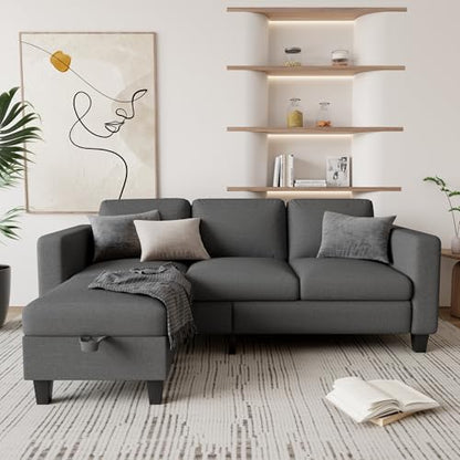 Couches for Living Room 3 Seats L Shaped Sofa with Storage Movable Ottoman | 78"Modern Linen Grey Couch 3 Seater Sofas with Chaise for Studio Apartment Office Basement Small Space, Easy Assembly - color: Dark Grey