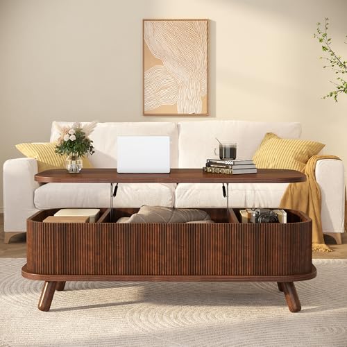knoworld Fluted Lift Top Coffee Table with Storage, 47" Oval Coffee Table with 3-Partition Hidden Compartment, Mid Century Modern Wood Center Table for Living Room, Work & Dining from Sofa, Walnut
