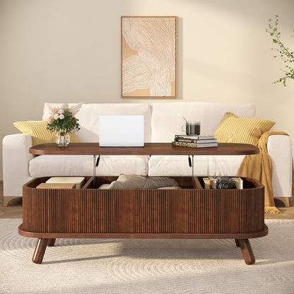 knoworld Fluted Lift Top Coffee Table with Storage, 47" Oval Coffee Table with 3-Partition Hidden Compartment, Mid Century Modern Wood Center Table for Living Room, Work & Dining from Sofa, Walnut