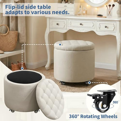18.9 Inch Round Storage Ottoman with Wheels, Hidden Storage with Removable Lid, Stylish Button Tufted Design Ottoman for Living Room, Bedroom, Linen, Beige - color: Beige-1
