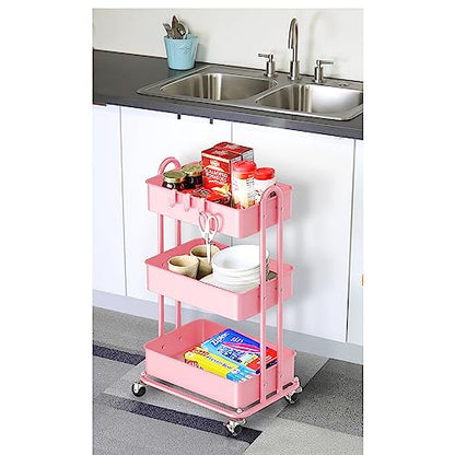 Simple Houseware 3-Tier Heavy Duty Metal Utility Rolling Cart, Pink - color: Pink