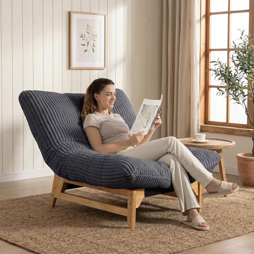 Modern Accent Chair for Living Room, Comfy Corduroy Chaise Lounge with Solid Wood Base, Oversized Single Sofa Reading Armchair with Thick Padded Cushion for Bedroom Small Spaces, Dark Grey
