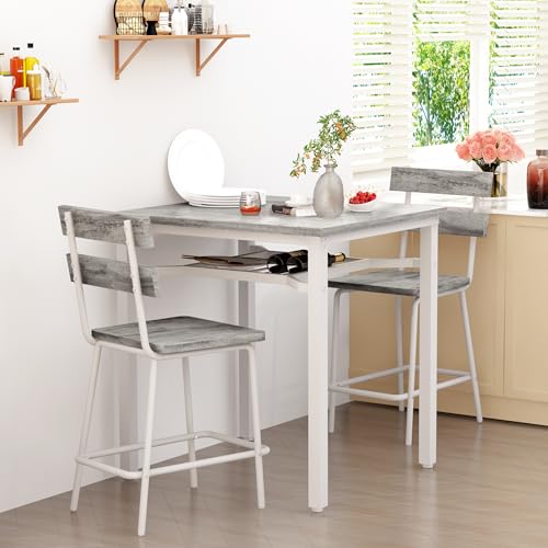 Hooseng 3 Piece Bar Table and Chairs Set, Counter Height Small Dining Table with 2 Bar Stools, Farmhouse Square Kitchen Table with Storage for Bistro, Pub, Small Space - color: Grey