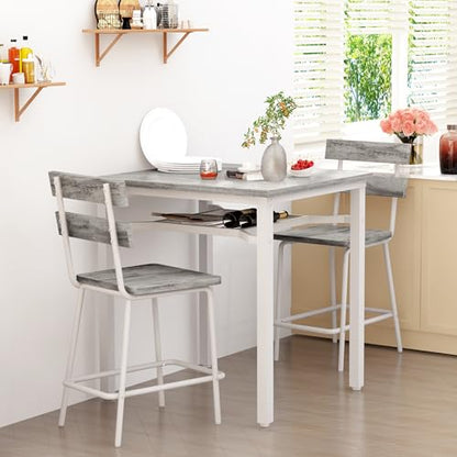 Hooseng 3 Piece Bar Table and Chairs Set, Counter Height Small Dining Table with 2 Bar Stools, Farmhouse Square Kitchen Table with Storage for Bistro, Pub, Small Space - color: Grey