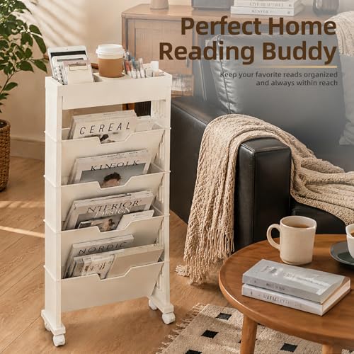 5-Tier Rolling Bookshelf, Rolling Book carts with wheels,Book Storage Rack | Utility Carts, Movable File Folder Organizer Cart for Home,Study,Office,Living Room,Classroom