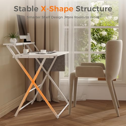 Small Desk No Assembly,31.5Inch 2-Tier Compact Computer Desk with Shelf & Side Pocket,Space Saving Foldable Table for Home Office, Bedroom or Apartment,Portable Collapsible Sturdy Laptop Desk,White - color: White