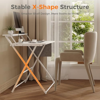 Small Desk No Assembly,31.5Inch 2-Tier Compact Computer Desk with Shelf & Side Pocket,Space Saving Foldable Table for Home Office, Bedroom or Apartment,Portable Collapsible Sturdy Laptop Desk,White - color: White