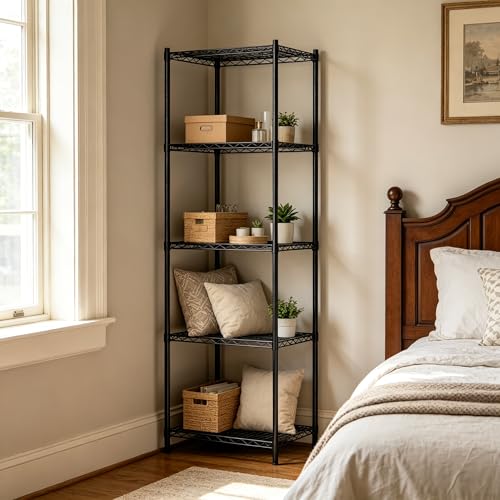 Wire Storage Standing Shelf Rack Tower, Corner Metal Shelving Unit with Adjustable Shelves, Space-Saving Organizer for Garage, Kitchen, Bathroom, 18 * 18 Inch