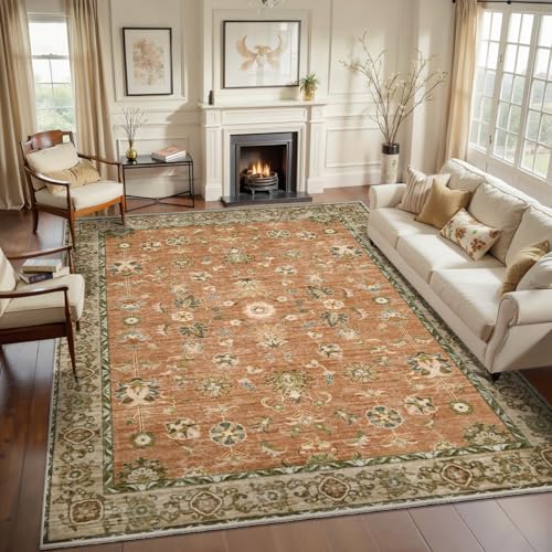 Tangsoo 6x9 Large Area Rug for Living Room,Washable Terracotta Rug Non Slip | Vintage Farmhouse Floral Indoor Rug,Soft Low Pile Big Carpet Boho Revival Indoor Mats for Bedroom Dining Room Office Kitchen - color: Terracotta Tangerine, size: 6' X 9' (Rectan