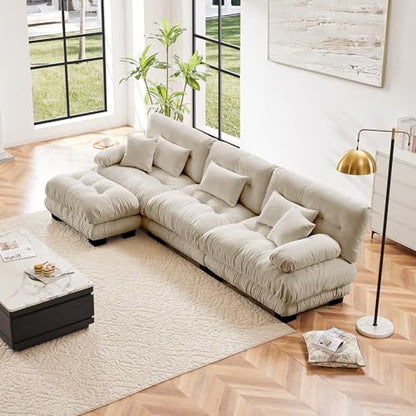 Modular Sectional Sofa for Living Room,134" L-Shaped Comfy Couch with Ottoman, Oversized 3 Seater Beige Sectional Couches with Pillows, Fluffy Couch Set with Deep Seat - color: Chenille Beige, size: 3-Seat & 1-Ottoman