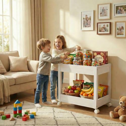 Wooden Rolling Storage Cart 2-Tier Mobile Organizer Small Spaces | Rolling Wooden Utility Cart for Home Bathroom Kitchen Coffee Station Bedroom Office Storage Solution（White）