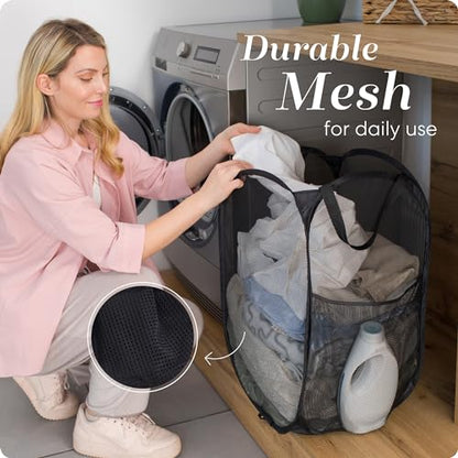 Handy Laundry Collapsible Mesh Pop Up Hamper with Wide Opening and Side Pocket - Breathable, Sturdy, Foldable, and Space-Saving Design for Clothes and Storage (Black | 2-Pack) - color: Black, 2-PACK
