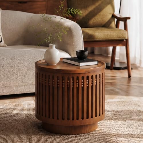 18.9" Round Side Table with Hidden Storage, Wooden End Table | Mid-Century Modern Small Coffee Table with Grille Solid Wood Effect, Boho Table for Living Room,Bedroom,Walnut - color: A-18.9" Round Side Table