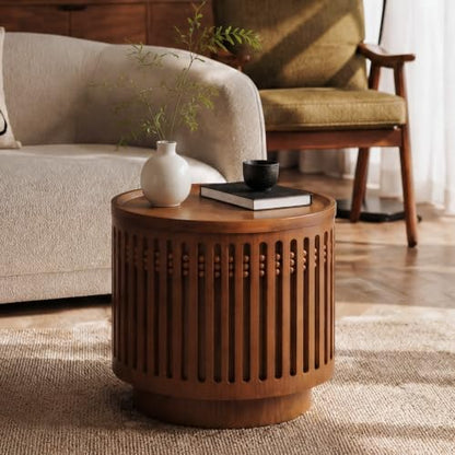 18.9" Round Side Table with Hidden Storage, Wooden End Table | Mid-Century Modern Small Coffee Table with Grille Solid Wood Effect, Boho Table for Living Room,Bedroom,Walnut - color: A-18.9" Round Side Table