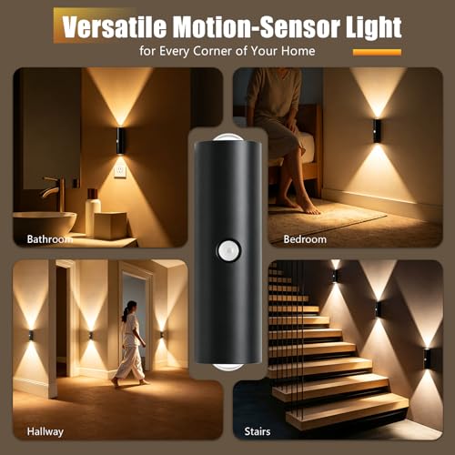2 Pack Motion Sensor Wall Light, Rechargeable Wall Sconces | Wall Sconces Battery Operated with 3 Colors & Dimmable, Magnetic Wireless Wall Sconces for Stair Bedroom Hallway (Black) - color: Black