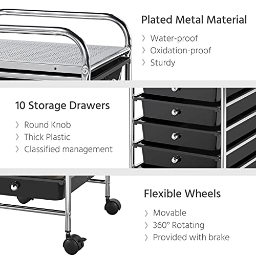 Yaheetech 10-Drawer Rolling Storage Cart with Wheels, Slim Organizer, Black | Ten see-through drawers plus a top shelf organize craft, office, and art gear; slim steel frame, locking wheels, easy setup. - color: Black, style: 10 Drawers