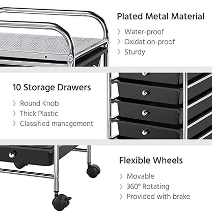 Yaheetech 10-Drawer Rolling Storage Cart with Wheels, Slim Organizer, Black | Ten see-through drawers plus a top shelf organize craft, office, and art gear; slim steel frame, locking wheels, easy setup. - color: Black, style: 10 Drawers