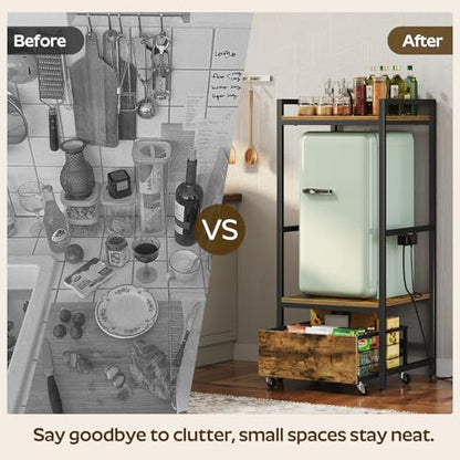 Mini Fridge Stand with Movable Drawer, Microwave Stand with Power Outlet, Mini Fridge Shelf with Adjustable Shelves, Kitchen Bakers Rack for Dorm, Dining Room, Home, Rustic Brown HB05UBR