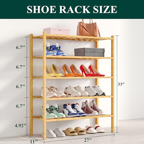Smiry Bamboo Shoe Rack, 12 Vertical Slats, 5 Tier - 26.8" Wide, Natural | Stackable Free Standing Wooden Shoe Organizer, Wood Shoe Storage Shelf for Closet, Entryway - color: Natural, size: 26.80" Wide - 5 Tier - Regular