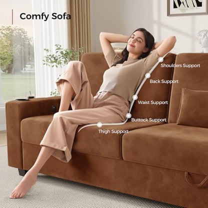 COPIAE Loveseat Sofa, Larger Couch Velvet Fabric with Storage, Charging Ports, Heightened Backrests, Removable Cover Modern Comfy Couches Easy Assembly for Living Room, 88 Inch Brown - color: Brown