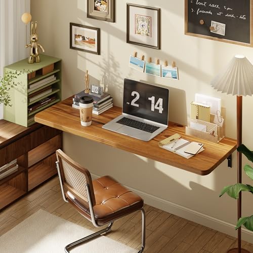 Dogsky 48" x 16" Floating Wall Desk, Fold Down Wall Table - 300 lbs Heavy Duty Solid Pine Wall Mount Folding Desk for Home Office, Laundry Room, Kitchen & Small Apartment, Burning Yellow - color: Burning Yellow, size: 48'' x 15.7'' x 8.3''