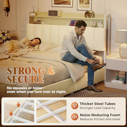 Bed Frame Queen Size with Upholstered Headboard & Charging Station, Queen Bed Frame with 4 Storage Drawers, 2-Tier Open Shelves, No Box Spring Needed, Slient Foam Strip, Easy Assembly, Beige - color: Beige, size: Queen