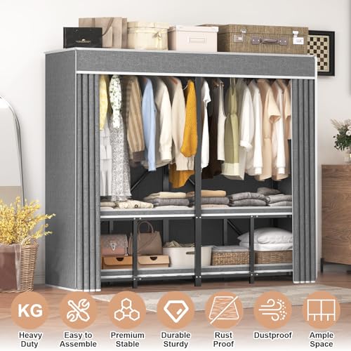 71" Heavy Duty Clothes Rack with Cover, 71" × 20.5" × 69" Portable Wardrobe Closet with Hanging Rod & Storage Shelf, Black Metal Garment Rack, 95% Pre-Assembled - size: 71"*20.5"*69"