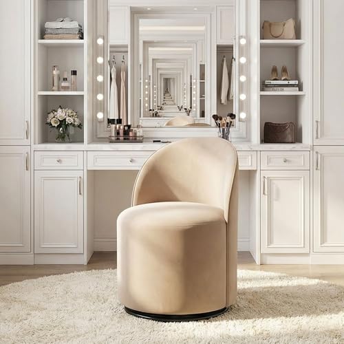 HNY Upholstered Kitchen & Dining Room Barrel Chair, Mid Century Modern Round Velvet Dining Chair, 360 Degree Swivel Comfy Armless Accent Makeup Vanity Side Chair for Bedroom Living Room, Khaki - color: Khaki