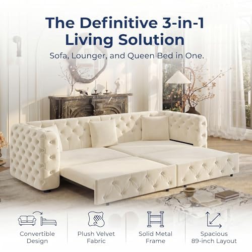 89" 4-Seater Queen Size Pull Out Sofa Bed with 3 Pillows, Beige | 4-Seater Classic Velvet Sofa with Tufted Design,3 Pillows,89" Extra Large 3-in-1 Pull Out Sofa - color: Q-beige-0w3