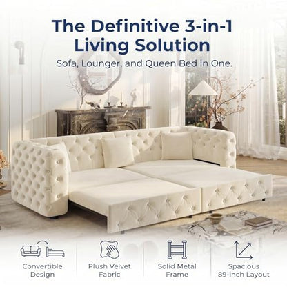 89" 4-Seater Queen Size Pull Out Sofa Bed with 3 Pillows, Beige | 4-Seater Classic Velvet Sofa with Tufted Design,3 Pillows,89" Extra Large 3-in-1 Pull Out Sofa - color: Q-beige-0w3