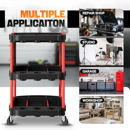 Auto Dynasty 3-Tier Rolling Cart w/Cup Holders & Pegboard, 120kg Capacity | 120 Kg/260 Lbs Capacity, 3-Tier Storage w/ 9 Cup Holders & 2 Pegboards, Rolling Wheels, for Home/Garage/Warehouse/Workshop - style: with Pegboard & Cup Holders