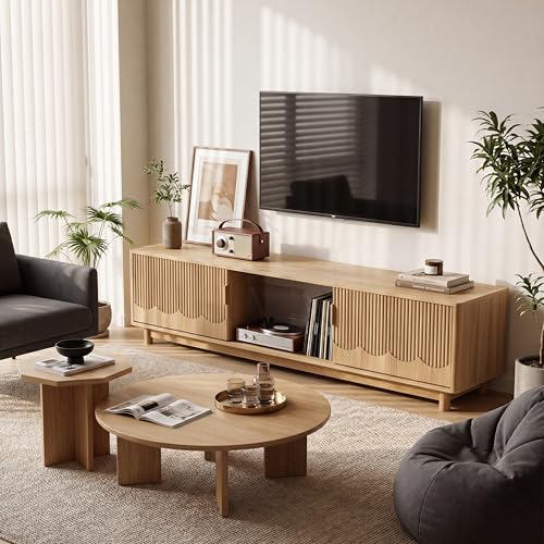 FurSch 62.2" Mid Century Modern Fluted TV Stand, Natural | Low Profile, 3D Slatted & Waved Design Panel, For Living Room Bedroom - color: Natural